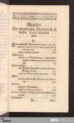 Register Der vornehmsten Materien so in diesem Tractat enthalten sind.