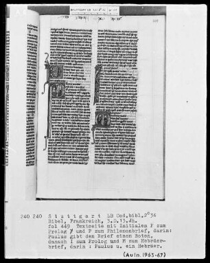 Bibel — Textseite mit zwei historisierten Initialen, Folio 449recto