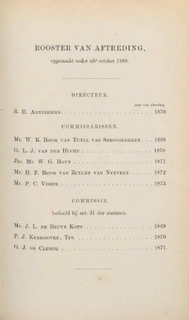 Rooster van aftreding opgemaakt onder ult° october 1868