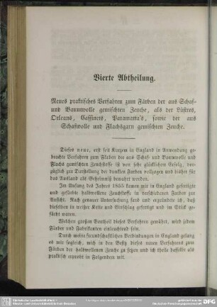 Vierte Abtheilung. Neues praktisches Verfahren zum Färben der aus Schaf- und Baumwolle gemischten Zeuche, als der Lüstres, Orleans, Cassinets, Paramatta's, sowie der aus Schafwolle und Flachsgarn gemischten Zeuche