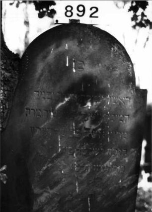Grabstein 892 (Index: 99630384) Material: Sandstein Zustand: verwittert mit Textverlust Maße HxBxT: 167x63x10 cm Beschreibung: Stele mit eingezogenem Rundbogenabschluß: Grabstein 892 (Detailaufnahme)