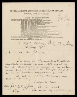 Brief von Adolphus William Ward an Otto von Gierke, London, 12.3.1913