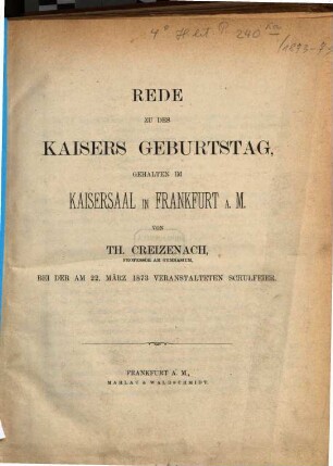 Programm des Städtischen Gymnasiums in Frankfurt a.M. : Ostern .... 1872/73, 22. März