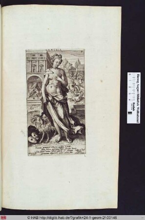 Luxuria im Vordergrund, im Hintergrund biblische Szenen.