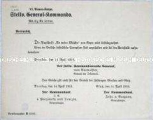 Rundschreiben des stellvertretenden Generalkommandos des VI. Armeekorps zum Verbot einer Flugschrift des Politikers Friedrich Geyer