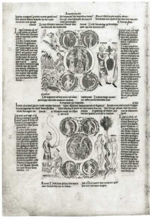 Anbetung der Könige, Salomon und die Königin von Saba (Hesekiel, Taufe Christi, Josua und Kaleb, Jakob und Esau, Versuchung Christi, Sündenfall) : Anbetung der Könige, Salomon und die Königin von Saba (Hesekiel, Taufe Christi, Josua und Kaleb, Jakob und Esau, Versuchung Christi, Sündenfall). Illustration zu "Biblia pauperum und Apokalypsis", fol. 4v. Feder, koloriert, Pergament, 48,0 x 33,0 cm. Erfurt, um 1350. Klassik Stiftung Weimar, Herzogin Anna Amalia Bibliothek Fol.max.4