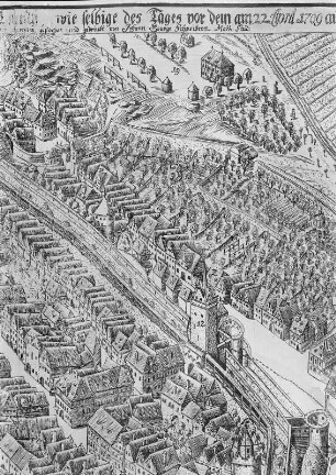 Bautzen, die Haupt- und Sechs-Stadt im Marggrafsthum Oberlausitz ... ("Schreiberplan"), Vogelschau von SO : Schreiber, Johann Georg. Bautzen, die Haupt- und Sechs-Stadt im Marggrafsthum Oberlausitz ... ("Schreiberplan"), Vogelschau von SO. Ausschnitt: Schülerturm, Gerbertor (Gerberbastei) und Schießbleiche. 46,5 x 54,4 cm, Bautzen, 1709. Dresden: SLUB A 14344