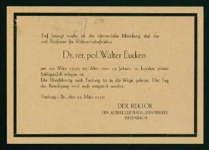 Mitteilung über Sterbefall Euckens (23.03.1950)
