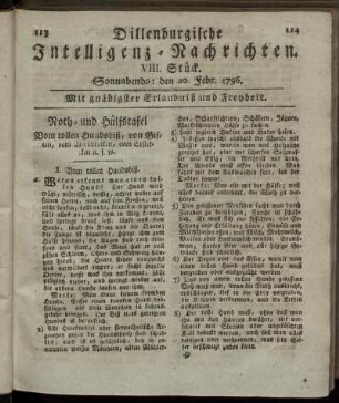 VIII. Stück. Sonnabends: den 20. Febr. 1796.