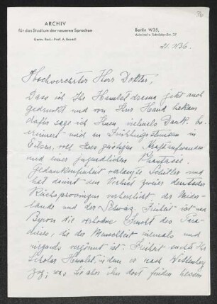 Brief von Alois Brandl und Jula Brandl von Archiv für das Studium der neueren Sprachen  an Gerhart Hauptmann