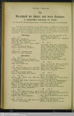 VI. Häuserbuch : VI. Verzeichniß der Häuser und derer Bewohner in alphabetischer Reihenfolge der Straßen