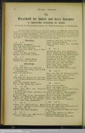 VI. Häuserbuch : VI. Verzeichniß der Häuser und derer Bewohner in alphabetischer Reihenfolge der Straßen