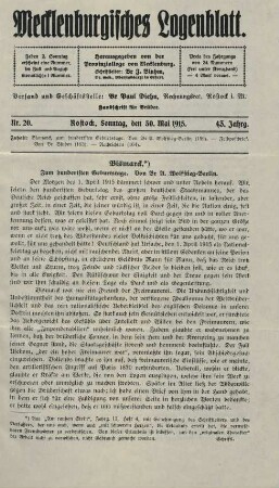 Nr. 20. Rostock, Sonntag, den 30. Mai 1915.
