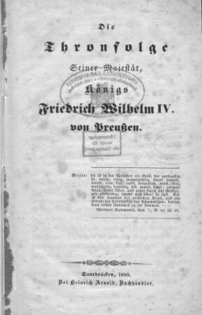 Die Thronfolge Seiner Majestät, Königs Friedrich Wilhelm IV. von Preußen