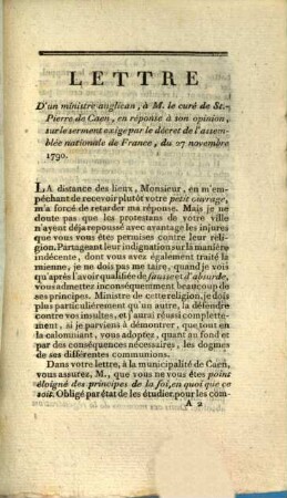 Lettre d'un ministre Anglican à M. le curé de St. Pierre de Caen : (Et réponse du curé)