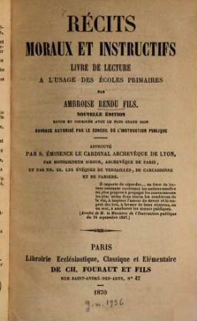Récits moraux et instructifs : Livre de lecture à l'usage des écoles primaires