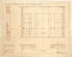 Pfann, Paul; Nürnberg; Landesausstellung 1906, Kunstausstellungsgebäude - Technische Hochschule, Mittelraumwand mit Öffnungen (Grundriss, Schnitt)