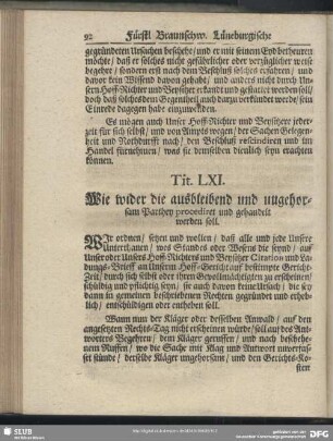 Tit. LXI. Wie wider die ausbleibend und ungehorsam Parthey procediret und gehandelt werden soll