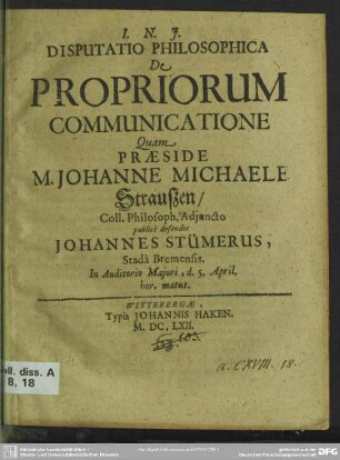 Disputatio philosophica de propriorum communicatione
