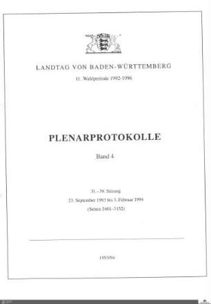 69: Landtag Baden-Württemberg, Protokolle, 1993-1994, Bd. 4