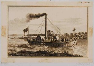 Der Seitenraddampfer Königin Maria, 1836 erbaut - 1846 abgewrackt, auf der Elbe in Dresden