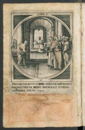 Kupferstich: Pharisäer und Zöllner in Tempel (Lc 18,9-14) mit Distichon
