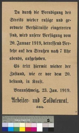 Aufhebung der vom Arbeiter- und Soldatenrat Braunschweig                                     verhängten Ausgangssperre bzw. erlassenen Bestimmungen zum                                     Verkehr auf den Straßen