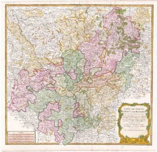 Carte Des Cercles Du Haut Et Du Bas Rhin : où se trouvent, dans le premier, le Duché de Deux-Ponts, les Evêchés de Worms et de Spire, les Etats de Nassau et de Hesse, les Comtés de Hanaw, de Solms, d'Isenburg, les Abbayes de Fulde et d'Hirchfeld &c. et dans le second, les Electorats de Mayence, de Trêves de Cologne, et le Palatinat du Rhin, avec leurs enclaves