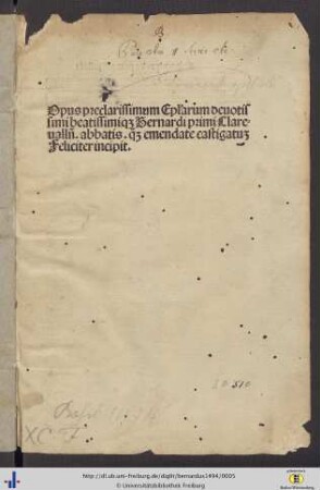 Opus preclarissimum Eplārum deuotissimi beatissimiq[ue] Bernardi primi Clareualln̄ abbatis q[ue] emendate castigatu[m] Feliciter incipit