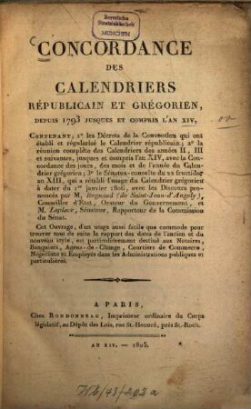 Concordance des calendriers républicain et grégorien depuis 1793 jusques et compris l'an XIV