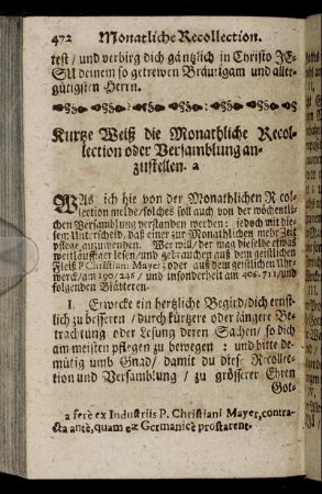 Kurtze Weiß die Monathliche Recollection oder Versamblung anzustellen.