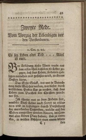 Zweyte Rede. Vom Vorzug der Lebendigen vor den Verstorbenen