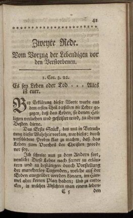 Zweyte Rede. Vom Vorzug der Lebendigen vor den Verstorbenen