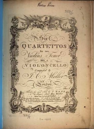 Six QUARTETTOS for two Violins Tenor and a VIOLONCELLO Composed by J: C: Moller