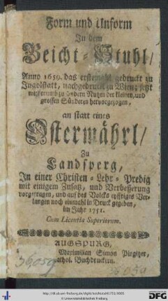 Form und Unform In dem Beicht-Stuhl