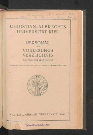 WS 1941/42: WS 1941/42 : Beginn Der Vorlesungen: 3. No. 1941 / Ende Der Vorlesungen: 28. Febr. 1942