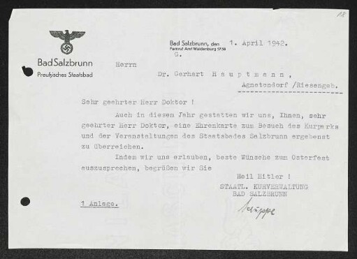 Brief von ... Schuppe von Preußisches Staatsbad / Staatliche Kurverwaltung <Bad Salzbrunn> an Gerhart Hauptmann