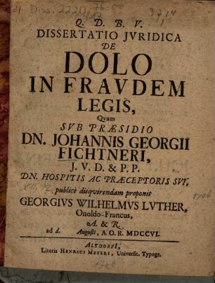 Dissertatio jvridica de dolo in fravdem legis