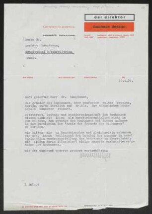 Brief von Hannes Meyer von Bauhaus  an Gerhart Hauptmann