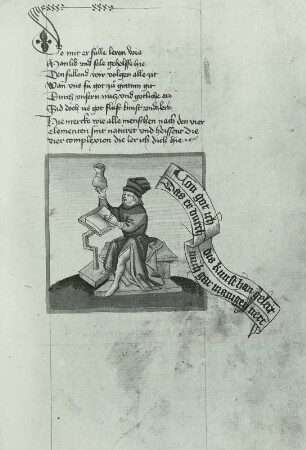 Arzt am Lesepult mit Uringlas : Heinrich von Laufenberg (gest. 1460). Der Arzt und Schriftspiegel "Regimen sanitatis", 1429. Handschrift. Elsaß, um 1460