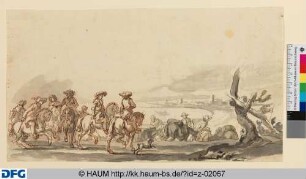 Reitergruppe auf einem erhöhten Platz, im Hintergrund Flusslauf und Ortschaft