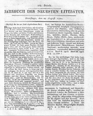 [Fortsetzung:] Hof, in Komm. b. Grau: Das Fichtelgebürge, nach vielen Reisen auf demselben beschrieben von J. Th. B. Helfrecht, Rector am Höfer Gymnasium, (zu Hof), der naturforschenden und mineralogischen Gesellschaft zu Jena correspondirendem Mitgliede, Th. I. mit Kupfern und Charten. Ohne die Dedikation an den jetzigen König von Preussen und ohne XXXVIII S. Vorr. u. Subscribentenverz. 267 S. Th. II. 280 S. nebst Register und einer grossen Charte, sechs Kupfern und einer gemalten Pflanze. 8.