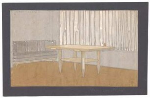 Entwurf eines Innenraums : Sitzecke mit Sofa und Klapptsich; handschriftliche Anmerkungen; signiert
