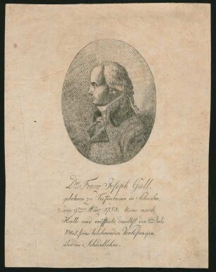 Dr. Franz Joseph Gall, gebohren zu Tieffenbrunn in Schwaben, den 9ten März 1758, kam nach Halle und eröffnete daselbst den 8ten Juli 1805 seine belehrenden Vorlesungen über die Schädellehre