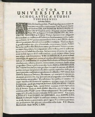 Rector Universitatis Scholasticae Studii Tubingensis Lectoribus Salutem