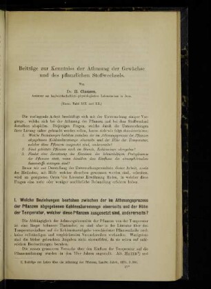 Beiträge zur Kenntniss der Athmung der Gewächse und des pflanzlichen Stoffwechsels.