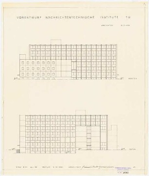 Nachrichtentechnische Institute der Technischen Universität Berlin Vorentwurf E: 2 Ansichten Westen, Osten, 1:200