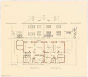 Zweifamilienhaus Monatskonkurrenz Februar 1930: (je halber) Grundriss Erdgeschoss, Obergeschoss, (je halber) Aufriss Straßenansicht, Gartenansicht