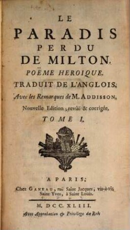 Le Paradis Perdu De Milton : Poëme Heroique. 1