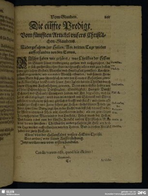 Die eilffte Predigt. Vom fünfften Artickel unsers Christlichen Glaubens